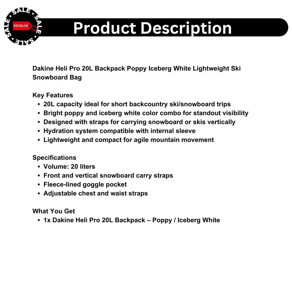 Dakine Heli Pro 20L Backpack Poppy Iceberg White Lightweight Ski Snowboard‎ Bag